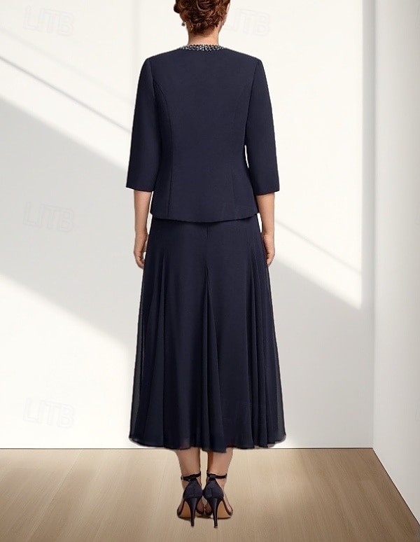 Two Piece A-Line Mother of the Bride Dress Wedding Guest Elegant Crew Neck Tea Length Chiffon 3/4 Length Sleeve with Beading Midi Dress 2025 - $157.99 –P5