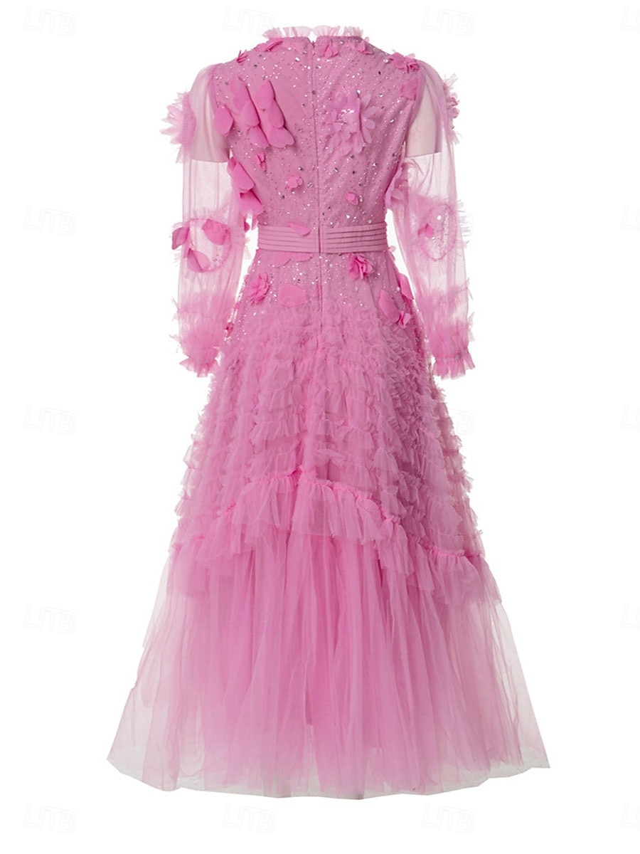 Šaty do A quinceanera růžové šaty květy svatební svatební host maxidélka dlouhý rukáv s kulatým výstřihem s volány 2025 - $169.99 –P4