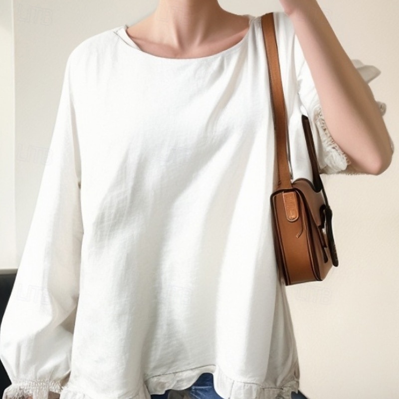 Women's Blouse Cotton Linen Shirts Plain Basic Modern Long Sleeve Square Neck Regular Tops Daily Holiday Going out Ruffle Black White Pink Army Green Navy Blue Summer 2025 - $22.99 –P3