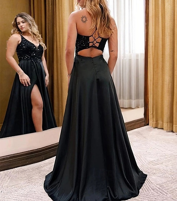 Vestido A-Line de Festa de Formatura Brilhante Vestido de Aniversário Com Cauda de Arraste  Escova Sem Mangas Decote V Com Lantejoulas Costas Cruzada com Lantejoulas de 2025 por $156.99 –P2