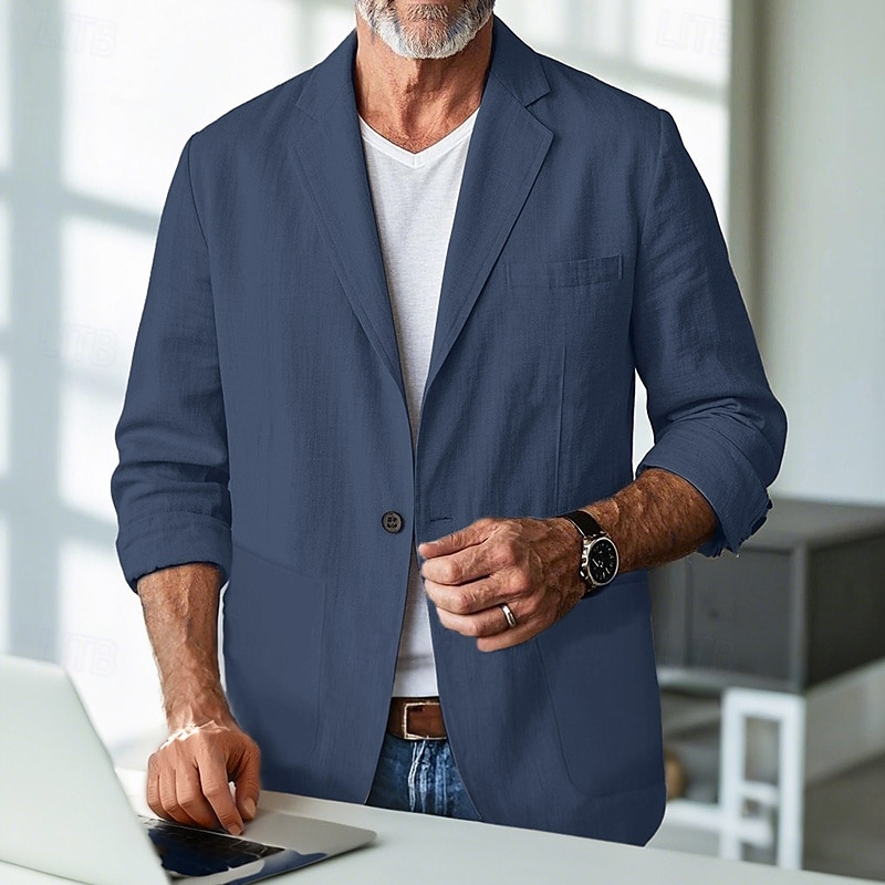 Hombre Blazer de lino chaqueta Negocio Fiesta de Cóctel Fiesta de Boda Moda Casual Primavera & Otoño Poliéster Lino Plano Botones Bolsillo Cómodo Recto 1 botón Chaqueta de sport Negro Burdeos Azul 2025 - $52.99 –P6