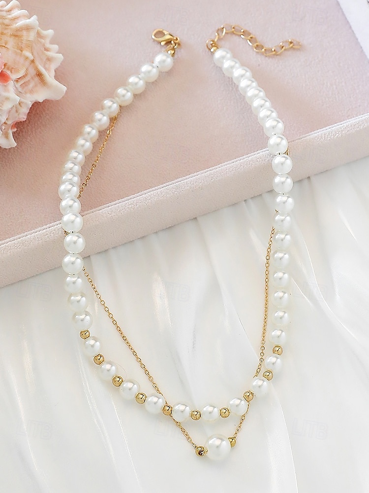 elegant lagerpärlhalsband för kvinnor – guldkedja med vita simulerade pärlor, klassiska vintagesmycken för bröllop, fester och formella evenemang 2025 - $7.99 –P5