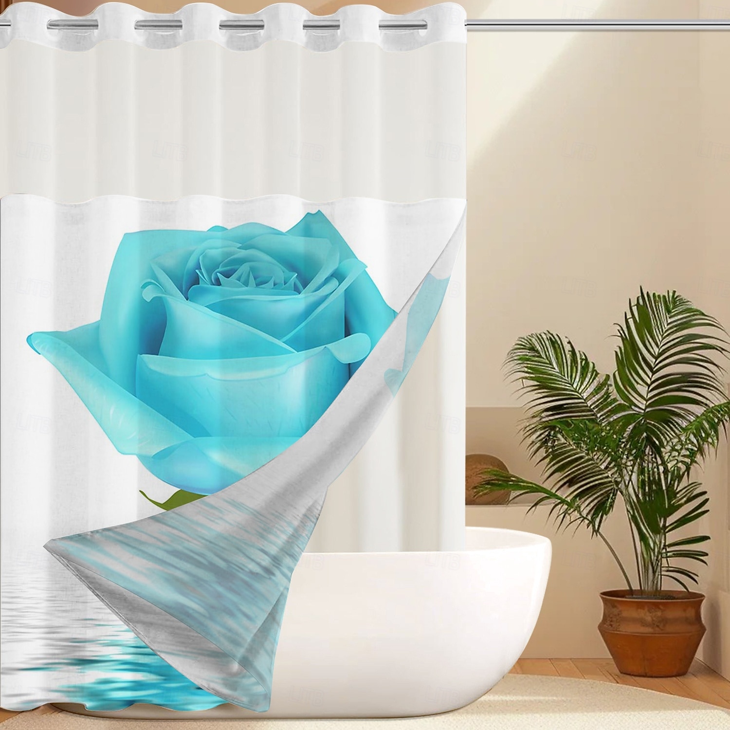Ensemble de rideaux de douche à motifs floraux en tissu gaufré avec doublure snap-in et fenêtre transparente polyester déperlant haut avec œillets sans crochet rideau de séparation de salle de bain de 2025 ? $41.99 –P1