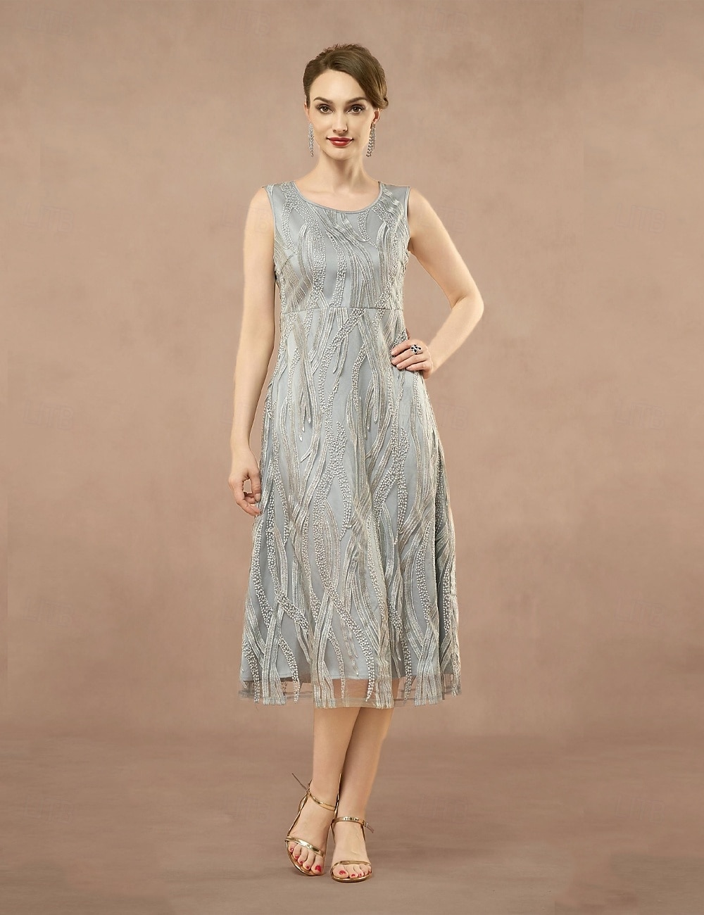 A-Line Mother of the Bride Dress Two Pieces Elegant Jewel Neck Tea Length Lace 3/4 Length Sleeve with Embroidered Lace Applique 2025 2025 - $79.99 –P6