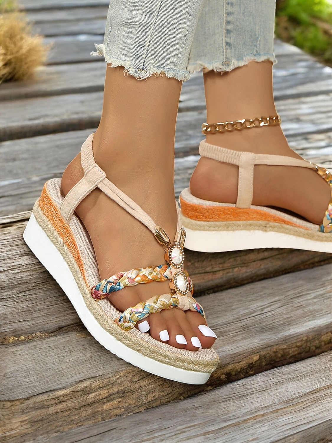 Damen-Boho-Plateau-Keilsandalen – geflochtene Riemchensandalen mit Edelsteinakzenten für Freizeit, Strand und Urlaub 2026 - $26.99 –P2