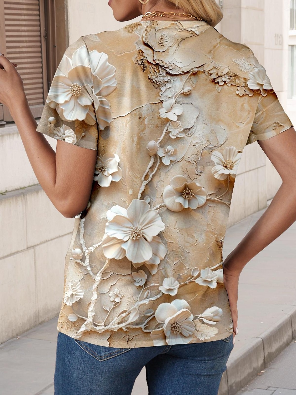 Pentru femei Tricou Floral Bloc Culoare #D Stilat Casual Manșon scurt Rotund Topuri obișnuite Zilnic Sfârșit de săptămână Imprimeu Bej Vară Primăvară 2025 - $19.99 –P2