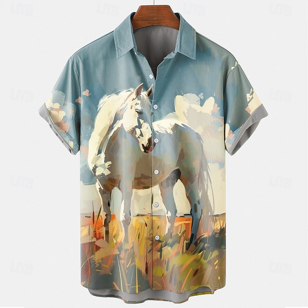 Kentucky Derby Miesten Kilparatsastus Paita Button Up paita Lyhythihainen Vintage retro Pyhäpäivä Festivaali Kesä Kevät Sänkyjen avaus 3D-tulostus Hauskat Kentucky Derby -paidat Sininen Ruskea 2026 - $25.99 –P1