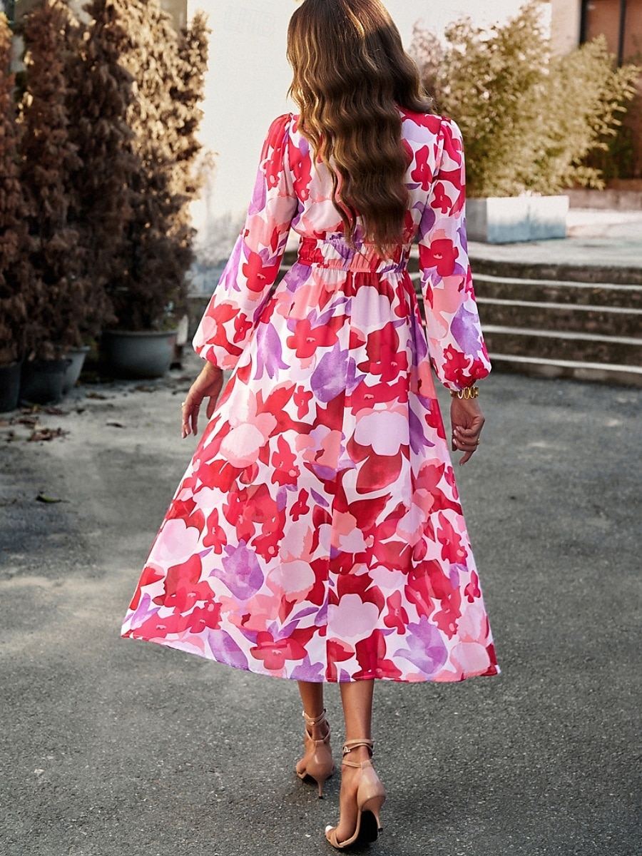 Women's Midi Dress A Line Dress Fit And Flare Dress Puff Sleeve Dress Vacation Casual Vacation Daily Regular Fit Graphic Long Sleeve V Neck Red Blue Green Apricot Summer 2025 - $46.99 –P11