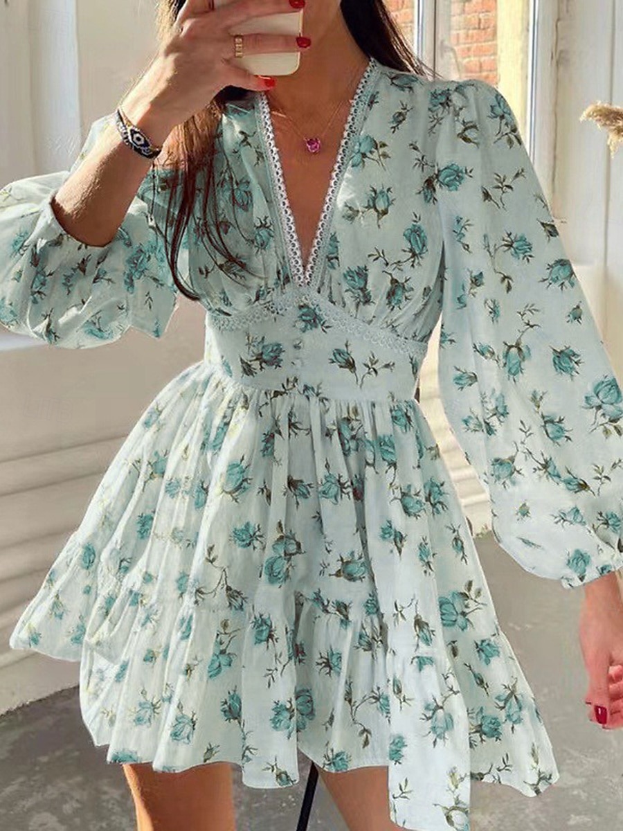 Per donna Mini abito Abito da ospite di nozze Boho Abito aderente e svasato Elegante Moda Sensuale Standard Floreale Manica lunga A V Magenta Nero Bianco Rosa Estate Primavera del 2025 a $23.99 –P5