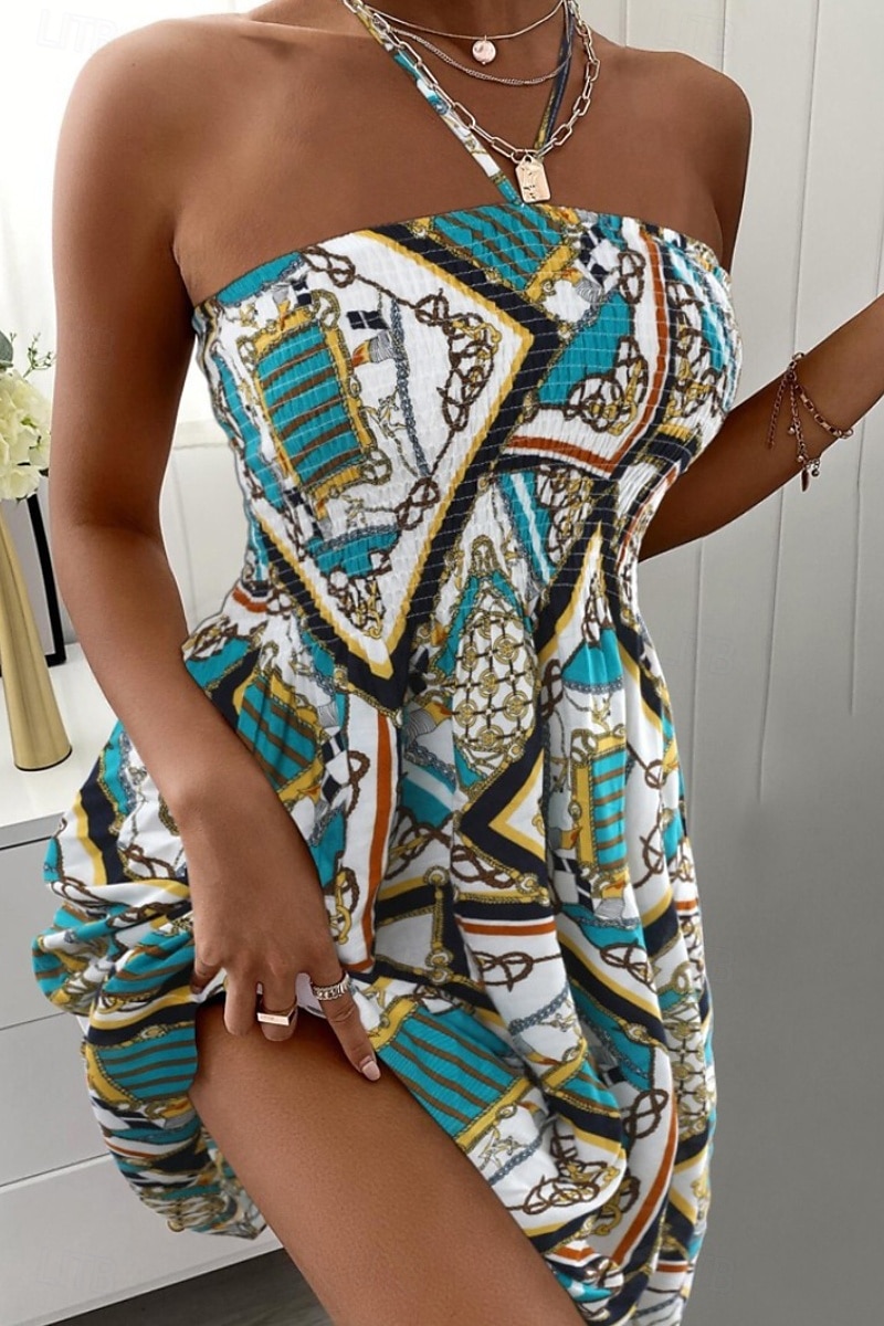 Dame Mini kjole Sommerkjole Halter Neck kjole Print kjole Mote Daglig Ut på byen Helg Normal Blomsternål i krystall Ermeløs Grimehals Hvit Navyblå Blå Sommer 2025 - $21.99 –P2