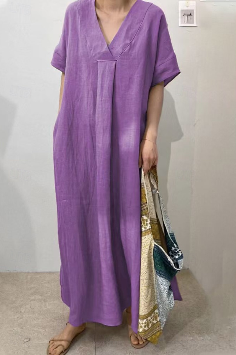 Femmes Robe Midi Robes inspirées du lin Robe en coton et lin Mode Classique Moderne Quotidien Fête Week-end Coupe régulière Uni Manche Courte Col en V Rouge Chameau Violet Vert Été de 2025 ? $32.99 –P4