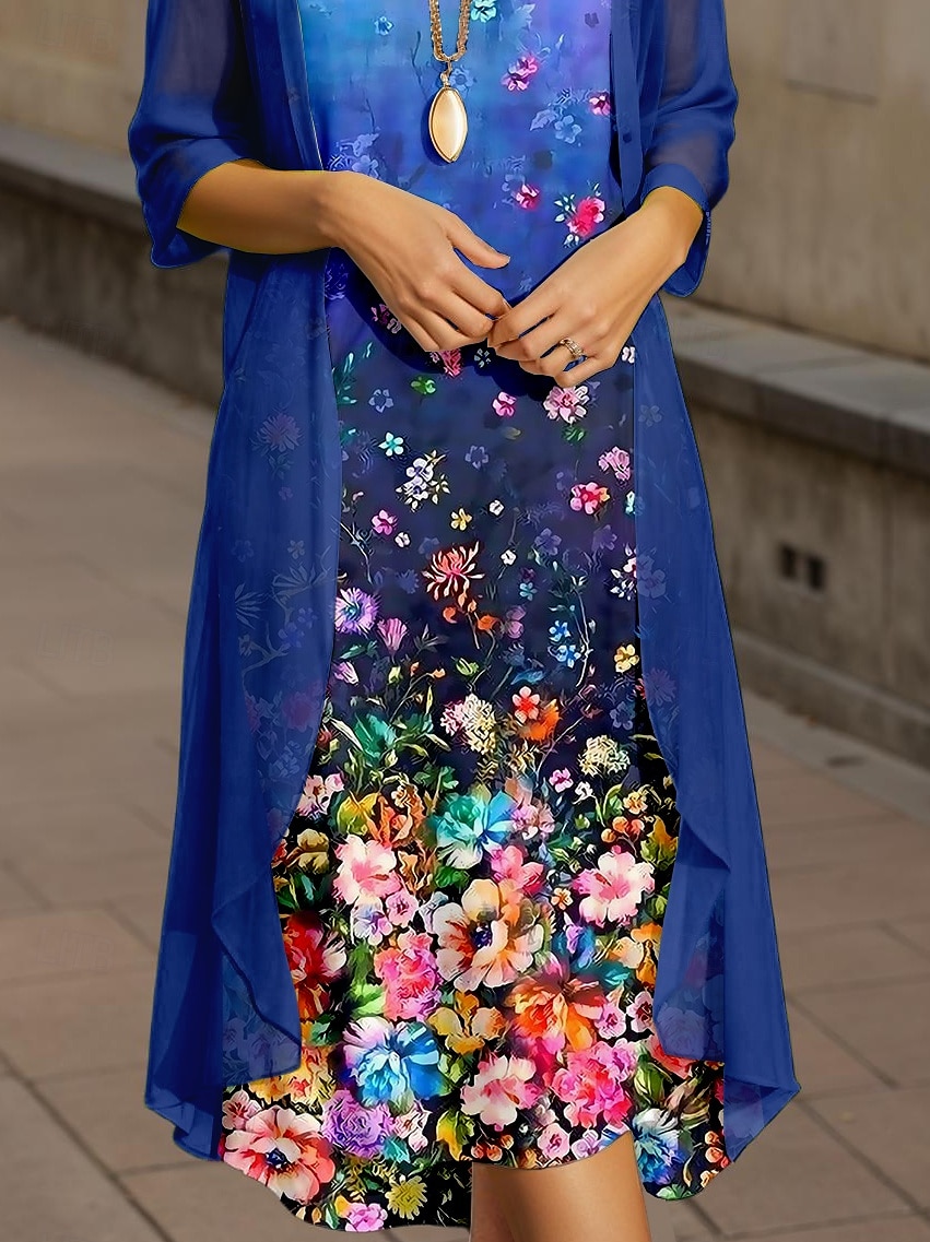 Women's Graduation Midi Dress 2 Pieces Dress Set A Line Dress Summer Dress Vacation Casual Ombre Floral Pleated Print Half Sleeve Crew Neck Vacation Daily Navy Blue Spring Fall Regular Fit 2025 - $36.99 –P3