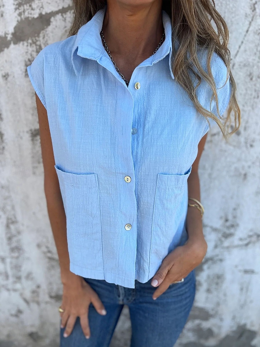 Camisola Feminina de Linho e Algodão Top Sem Mangas Cor Sólida Básica Casual Manga Curta Gola Redonda Ajuste Regular Diária Botões Bolsos Branco Azul Marinho Damasco Azul Claro Verão de 2025 por $18.99 –P4
