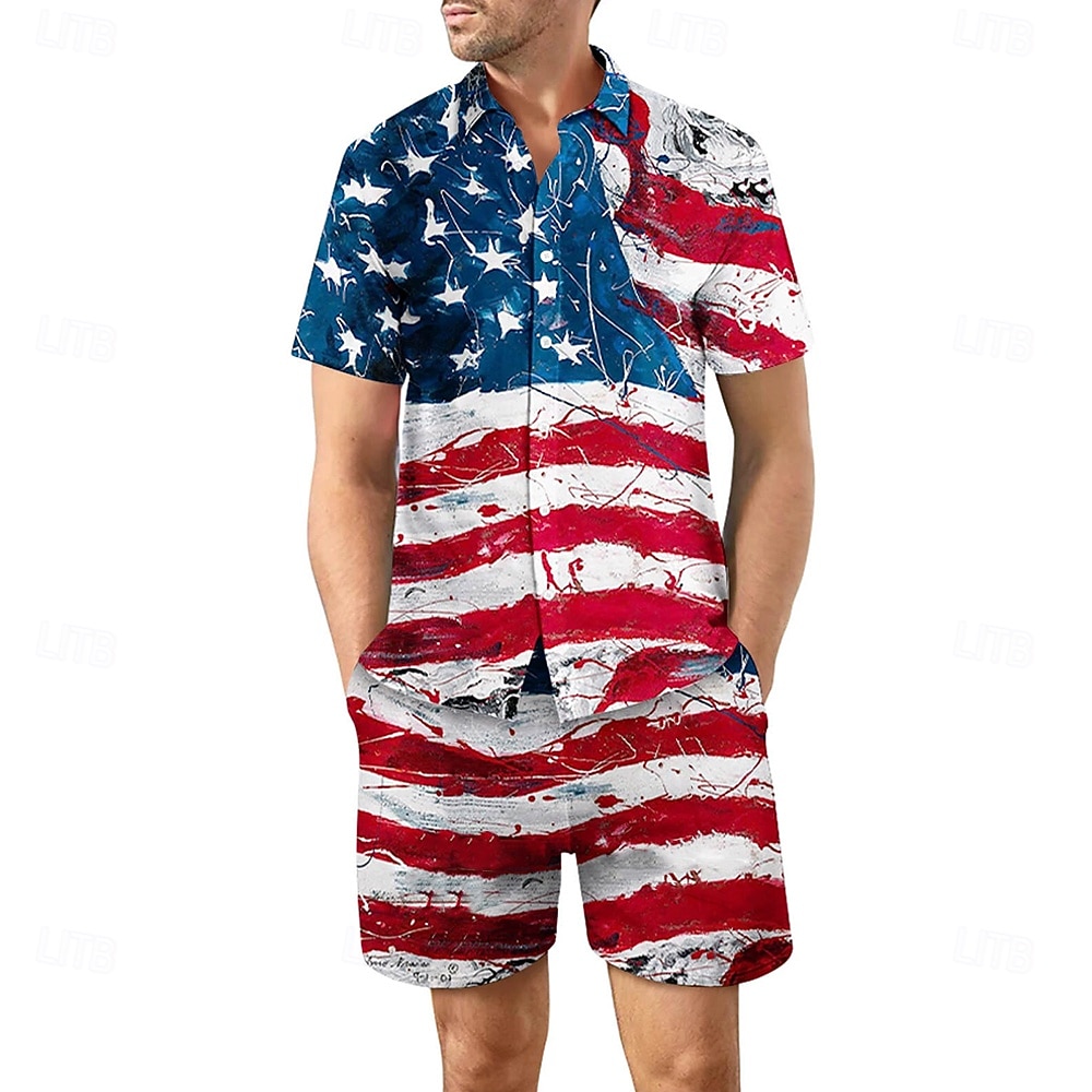 Jour de l'Indépendance Américaine Homme Drapeau Américain 2 pièces Ensembles de chemises Ensemble Chemise Manche Courte Pantalon court Col Rabattu Occasionnel Extérieur Occasionnel Quotidien de 2026 ? $40.99 –P1
