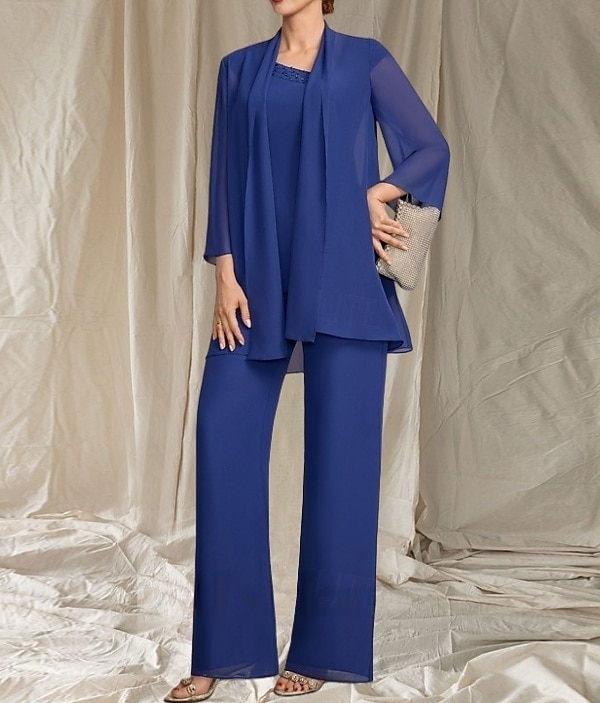 Jumpsuit  Hosenanzug 3-teilig Kleid der Mutter der Braut Hochzeitsgast Elegantes gewelltes Dekolleté bodenlang Chiffon 3/4-lange Ärmel mit Perlen 2025 - $144.99 –P3