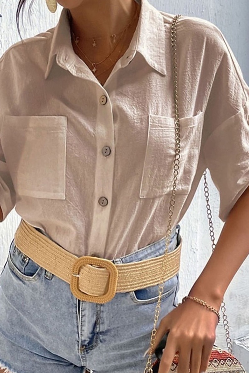 Damen Hemd Baumwoll-Leinen-Hemden Knopfleiste Bluse Einfach Basic Lässig Kurzarm Hemdkragen Normale Oberteile Ferien Ausgehen Knöpfe Tasche Schwarz Weiß Marineblau Khaki Grau Sommer 2025 - $21.99 –P9