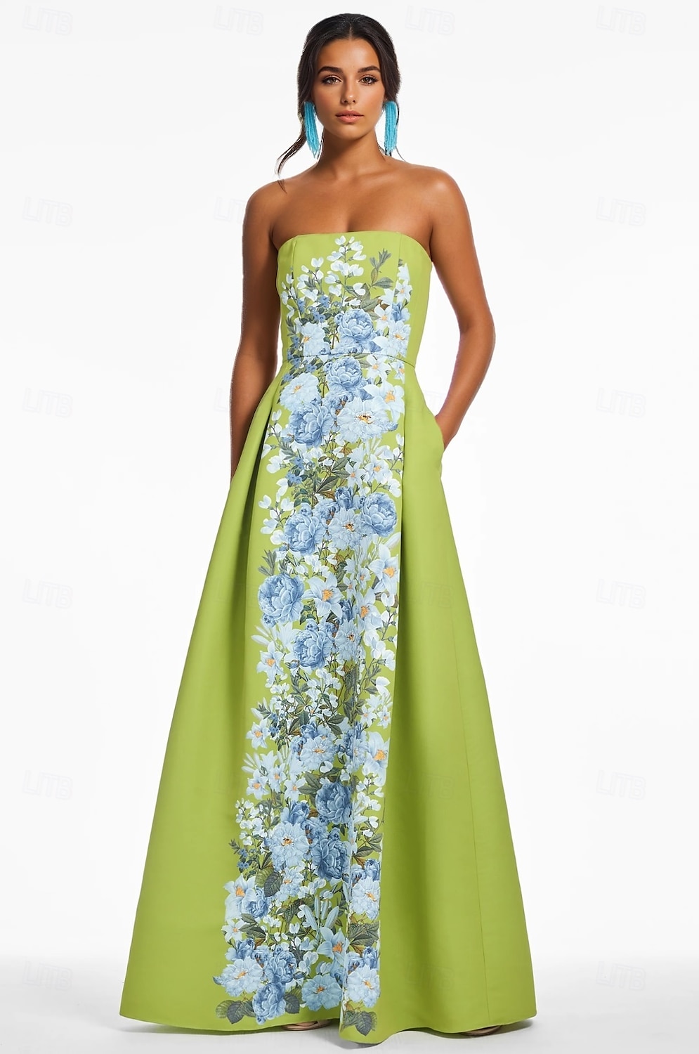 Abito da sera A-Line floreale verde vestito elegante formale per invitata a matrimonio lungo fino al pavimento senza maniche senza spalline satin abito per invitata al matrimonio 2025 del 2025 a $174.99 –P2