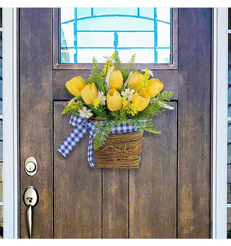 guirlanda de primavera tulipa artificial e videira verde cesta decoração pendurada com fita xadrez para hotéis, cafés, entradas de casa de 2025 por $14.99 –P6