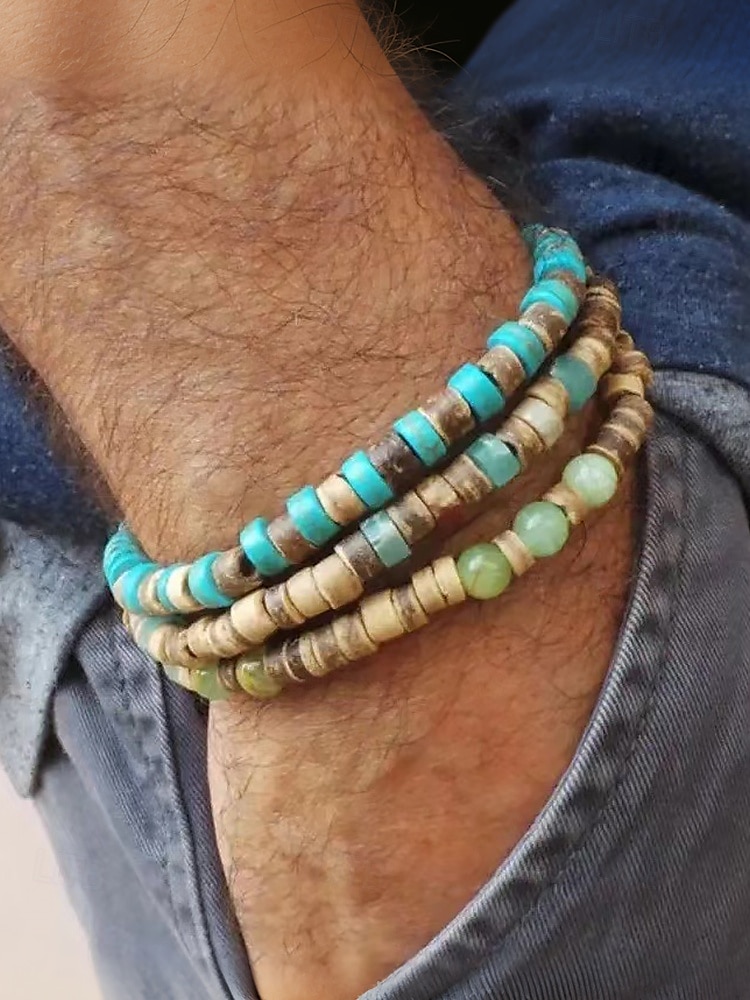 Juego de pulseras de cuentas de piedra natural hechas a mano para hombre: pulsera de madera y turquesa estilo bohemio surfista, joyería tribal ajustable para playa, viajes y ropa informal. 2025 - $9.99 –P3