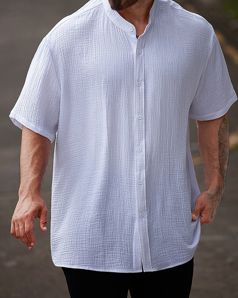 Per uomo Camicia in cotone e lino Semplice Vacanza Bianco Manica Corta Colletto alla coreana Estate Abbigliamento del 2025 a $25.99 –P4