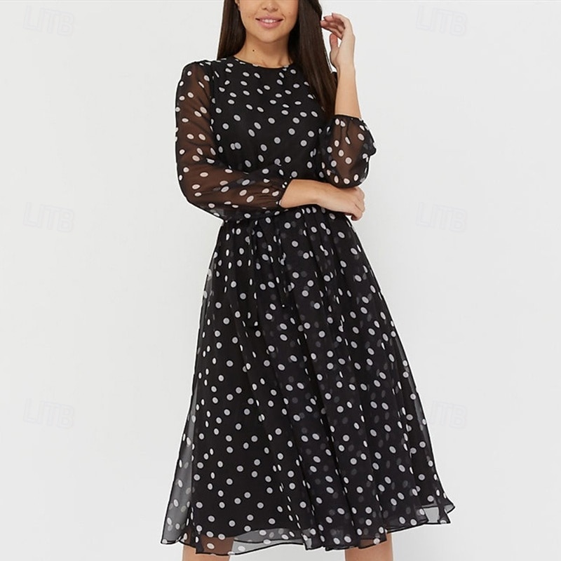 Women's Midi Dress Lace Dress Cocktail Dress Elegant Fashion Party Birthday Date Regular Fit Polka Dot Long Sleeve Crew Neck Black Khaki Summer 2026 - $28.99 –P6