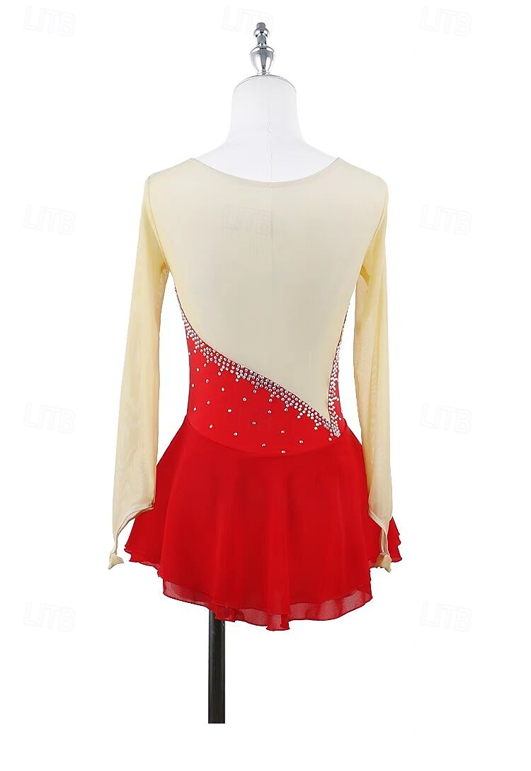 Kunstschaatsjurk Dames Voor meisjes Schaatsen Jurken Rood Lapwerk Open achterkant Netstof Spandex Rekbaar Opleiding Oefenen Professioneel Kunstschaatskleding Thermisch Warm Kristal / Bergkristal 2025 - $158.99 –P2