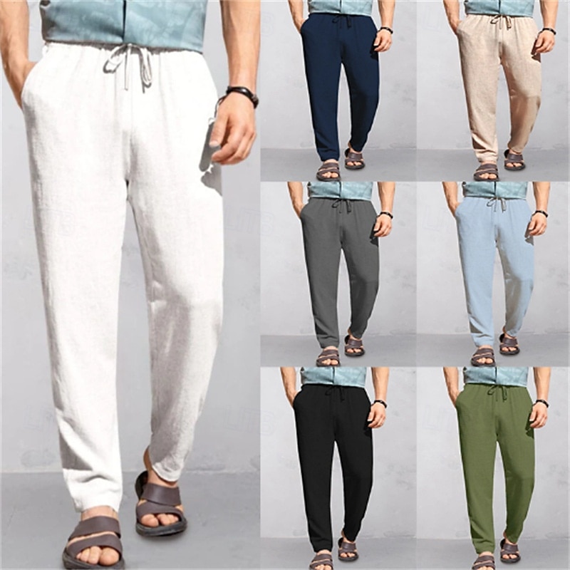 Men's Linen Pants Trousers Summer Pants Beach Pants Pocket Drawstring Elastic Waist Plain Comfort Breathable Vacation Daily Holiday Hawaiian Boho Black White 2025 - $19.99 –P1