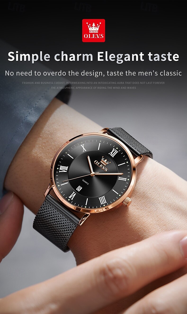 OLEVS 5623 Mens Watch Simple Leisure Roman Scale Date Dial Stainless steel Waterproof Quartz Watch Rose Black 2025 - $39.99 –P3