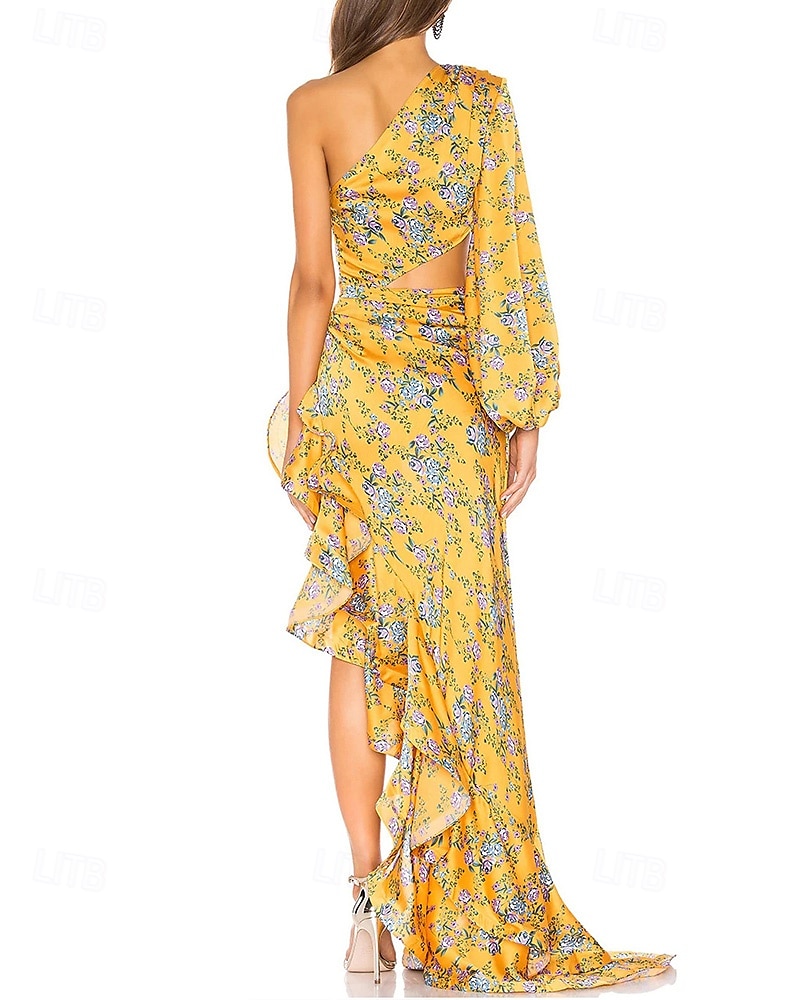 Mermaid / Trumpet Evening Gown Elegant Dress Wedding Wedding Guest Floor Length Long Sleeve One Shoulder Asymmetrical Neckline Satin with Floral Print Pleats Ruffles Wedding Guest Dress 2025 2025 - $99.99 –P4