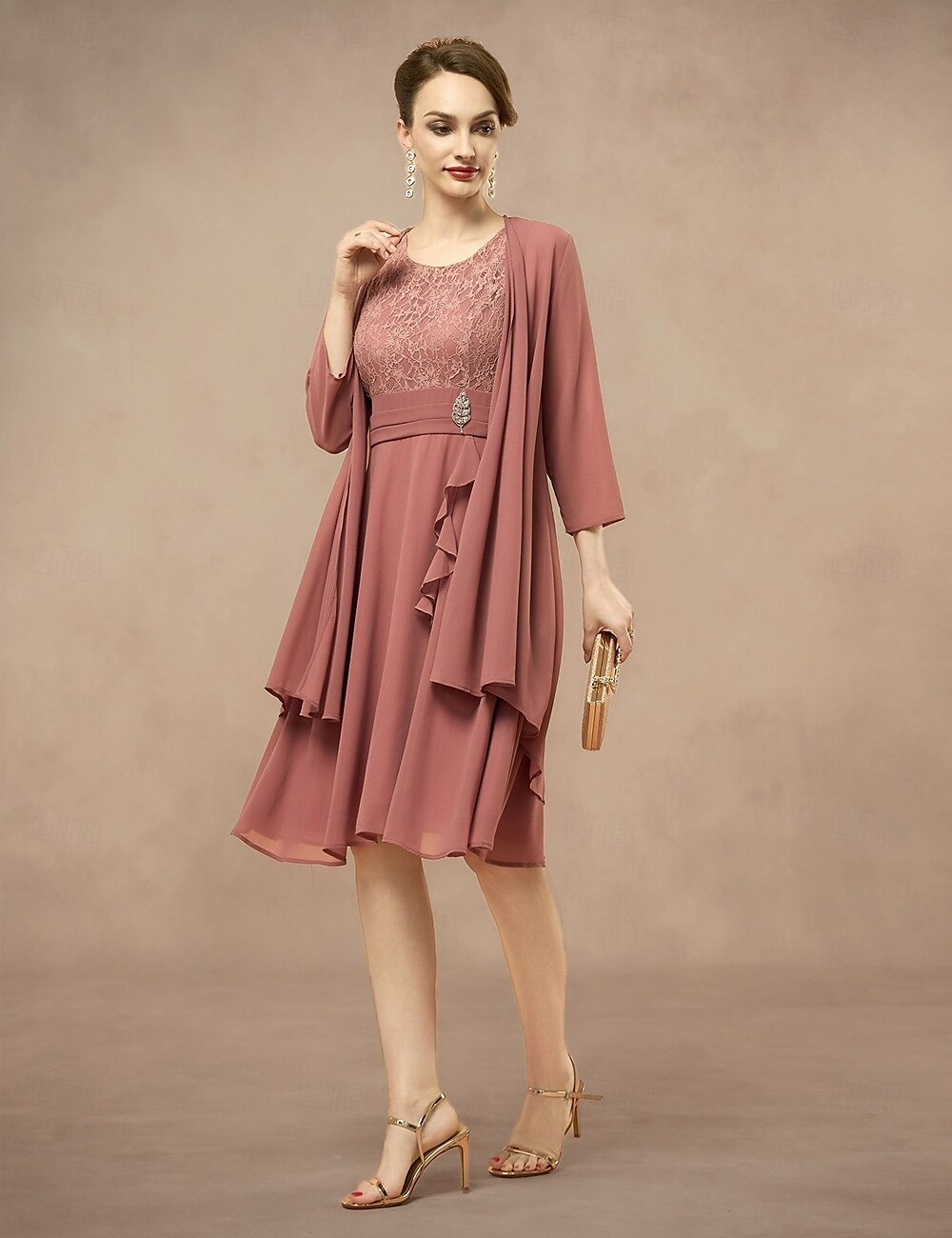 Spezzato Abito da cerimonia per signora Elegante Con decorazione gioiello Al ginocchio Chiffon Di pizzo Manica a 3/4 con Di pizzo Tinta unita 2025 del 2025 a $79.99 -P3