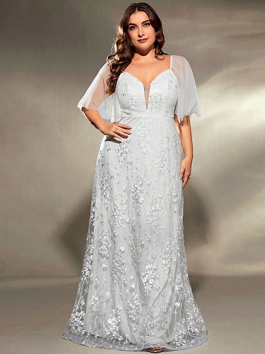 Plus Size Jurk Moeder van de Bruid Curve Jurk Elegant V Hals Vloerlengte Polyester Korte Mouw met Kant 2025 - $89.99 –P4