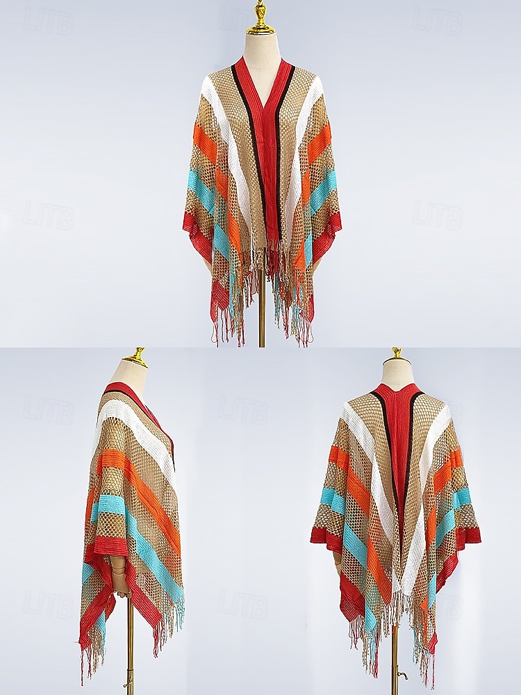 nettingstrikket strandskjerf for kvinner - boho-stripet badedrakt med frynser, lett og pustende sommercardigan for ferie-, basseng- og ferieklær 2025 - $14.99 –P8