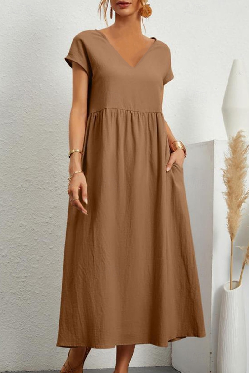 Women's Midi Dress Linen-Inspired Dresses Cotton Linen Dress Basic Classic Modern Vacation Daily Holiday Regular Fit Plain Short Sleeve V Neck Black Light Green Pink Army Green Summer 2025 - $26.99 –P5