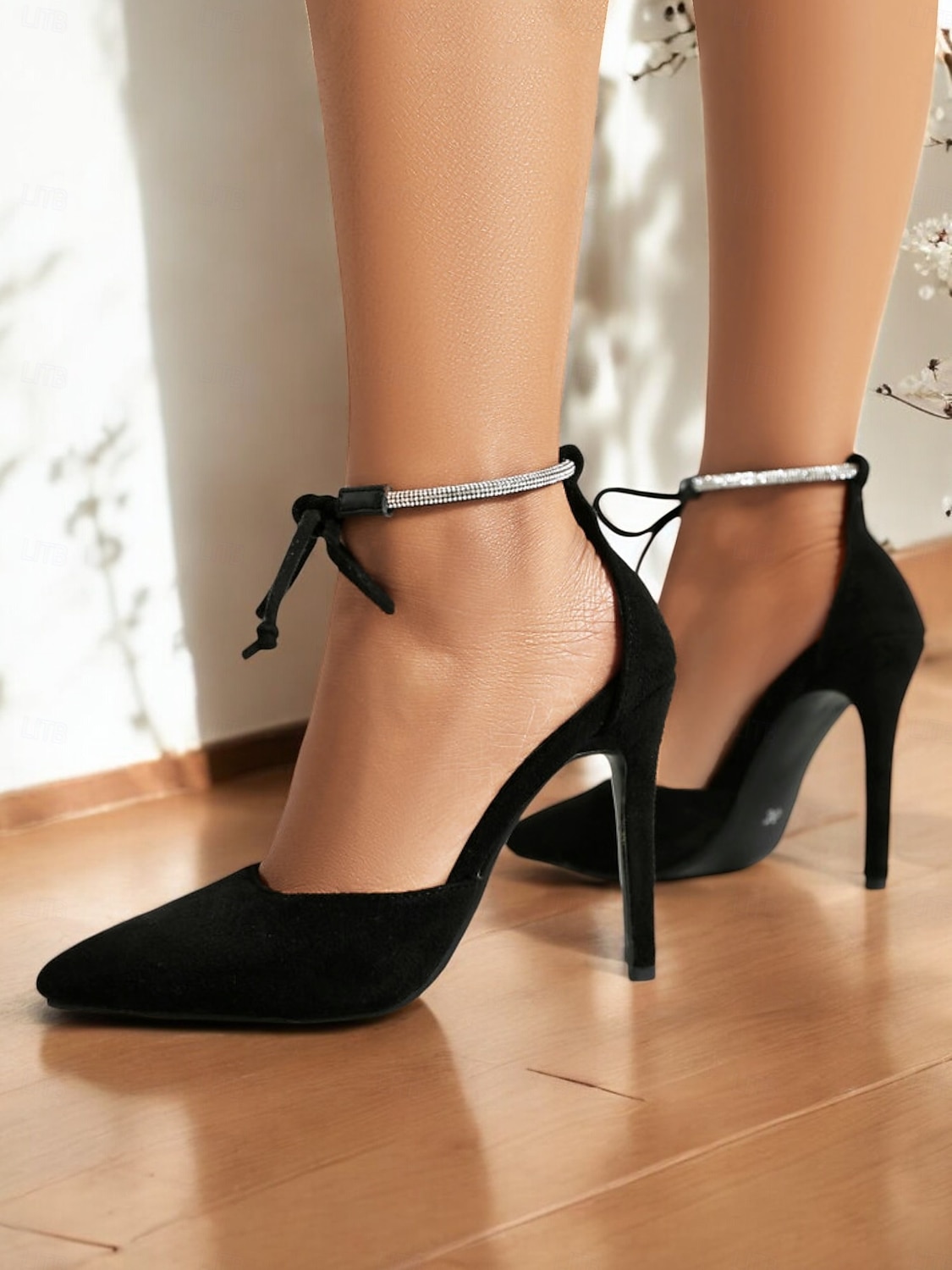 Women's Black Suede Pointed-Toe Stiletto Heels with Rhinestone Ankle Strap – Elegant Evening & Date Night Shoes 2025 - $42.99 –P3