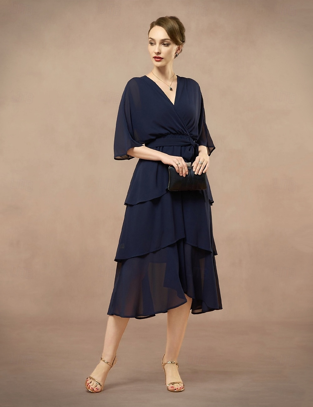 A-Line Mother of the Bride Dress Wedding Guest Elegant V Neck Floor Length Chiffon Half Sleeve with Bow(s) Cascading Ruffles Solid Color 2025 2025 - $87.99 –P3