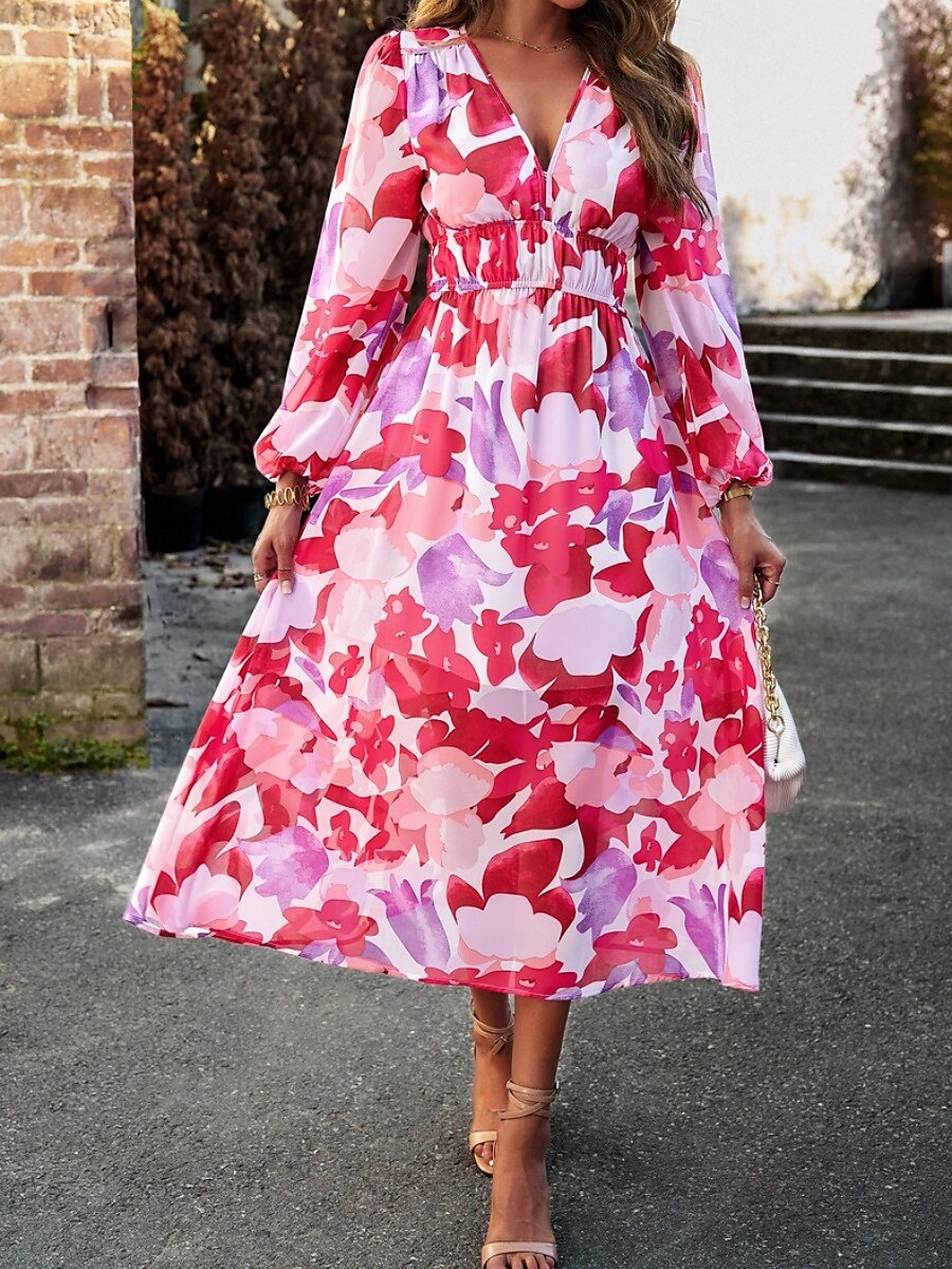 Women's Midi Dress A Line Dress Fit And Flare Dress Puff Sleeve Dress Vacation Casual Vacation Daily Regular Fit Graphic Long Sleeve V Neck Red Blue Green Apricot Summer 2025 - $46.99 –P9