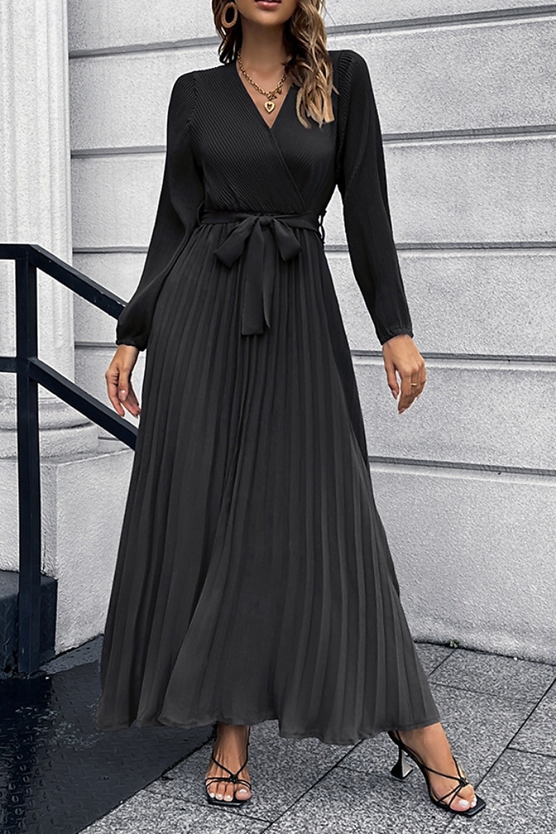 Dam Långklänning Maxiklänning Cocktail klänning Ruched Klänning Elegant Mode Födelsedag Tebjudning Utekväll Normal Slät Långärmad V-hals Svart Rubinrött Grön Sommar 2025 - $29.99 –P13