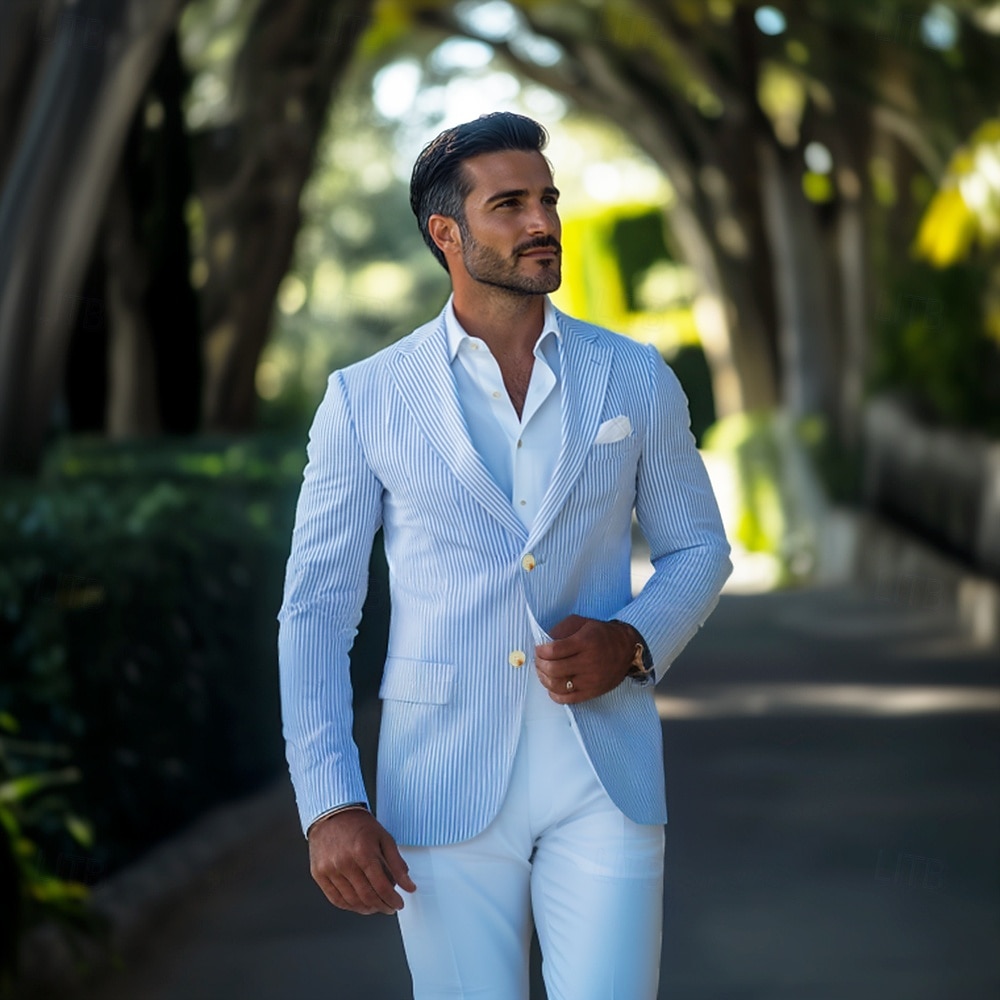 herre seersucker blazer jakke frakk mote sommer stripete blazer himmelblå standard passform enkeltspent toknappet 2025 - $75.99 –P2