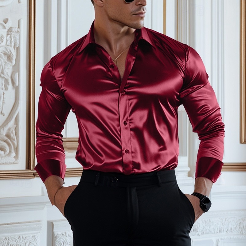 Herren Hemd Satinhemd Lässiges Hemd Knopfhemd Glatt Hochzeit Urlaub Schwarz Weiß Wein Grün Langarm Kargen Frühling & Herbst Bekleidung 2025 - $4.99 –P3