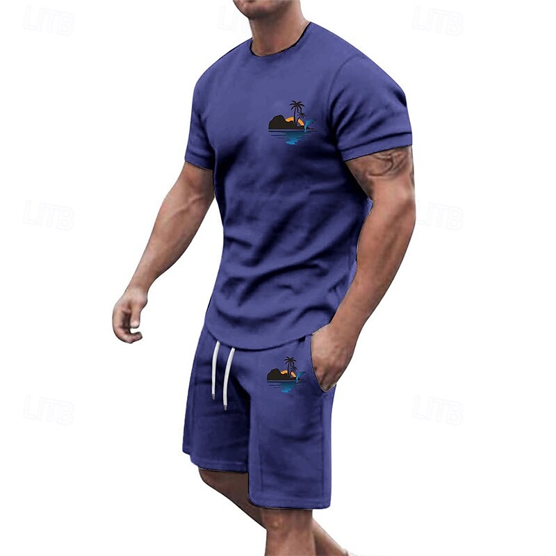 Herr T-shirtkostymer 2 delar outfits T-shirt och shorts Kortärmad Rund hals Sommar Kokosnötsträd Mode Ledigt 2 st Semester Dagliga kläder Utekväll Svart Vit Gul Topp t-shirt för män 2025 - $25.99 –P1