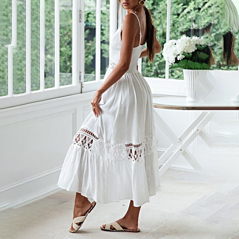 Women's Midi Dress Cotton Linen Dress Slip Dress Boho Dress Basic Classic Modern Vacation Holiday Going out Regular Fit Plain Sleeveless Spaghetti Strap White Summer 2025 - $26.99 –P10
