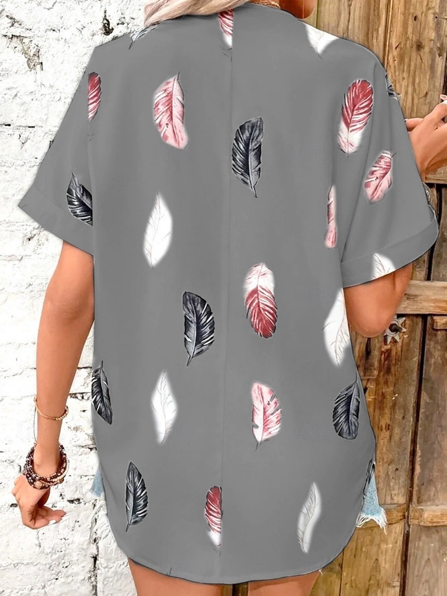 Women's Shirt Feather Stylish Casual Short Sleeve Shirt Collar Regular Tops Daily Buttons Print Black White Pink Wine Blue Summer Spring 2025 - $19.99 –P15