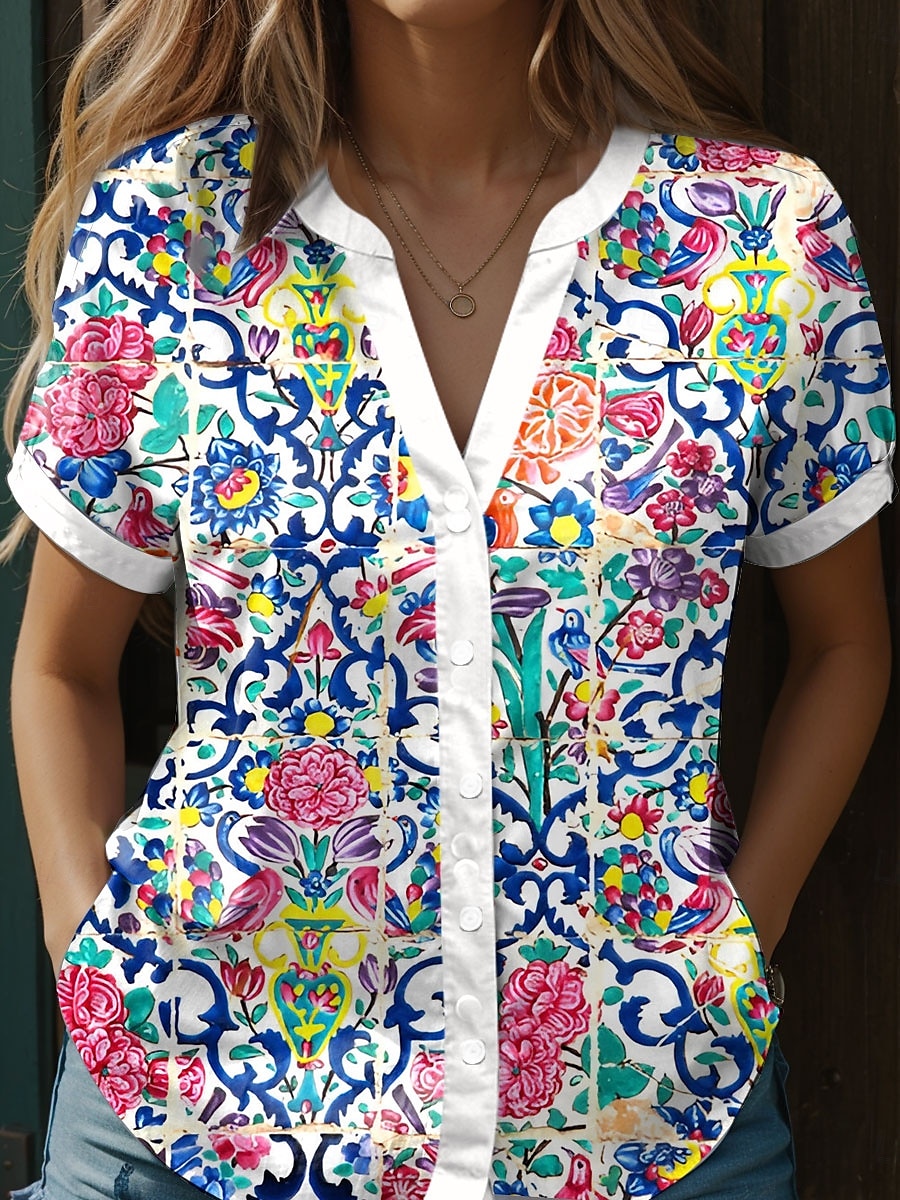 Dame skjorte V-hals knappebluse blomster grafisk paisley stilig strand kortermet skjorte krage vanlig topper daglige knapper trykk hvit vår høst 2025 - $29.99 –P1