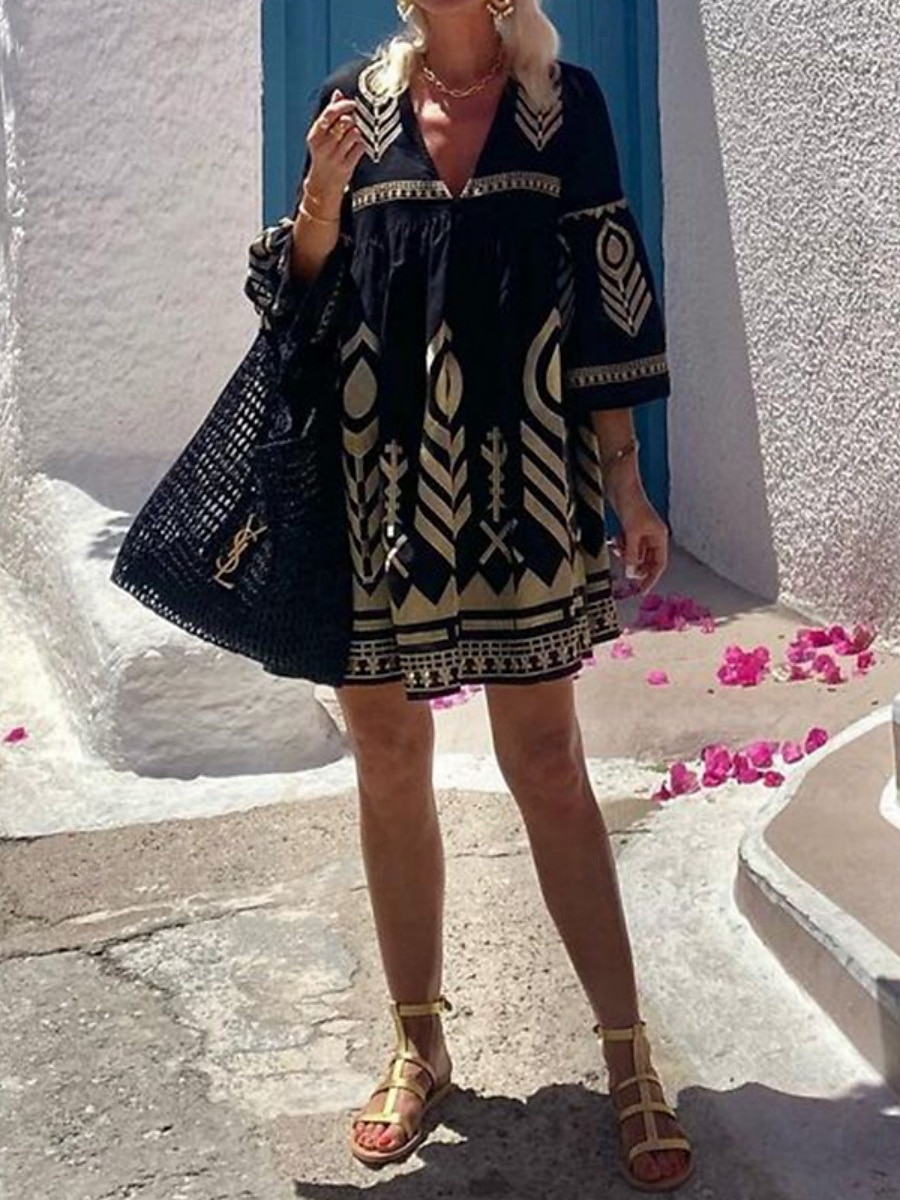 Femmes Mini Robe Robe trapèze Occasionnel Extérieur Sortir Coupe régulière Graphique Géométrique Manche 3/4 Col en V Noir Été de 2025 ? $32.99 –P3