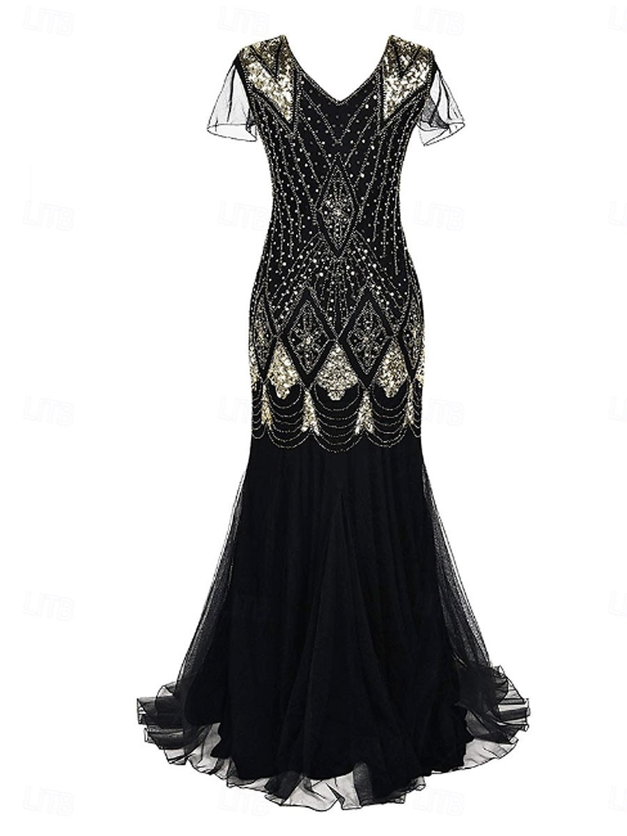 Dress Mother of the Bride Dress Elegant Vintage Party V Neck Floor Length Polyester Short Sleeve with Sequin 2025 - $79.99 –P9
