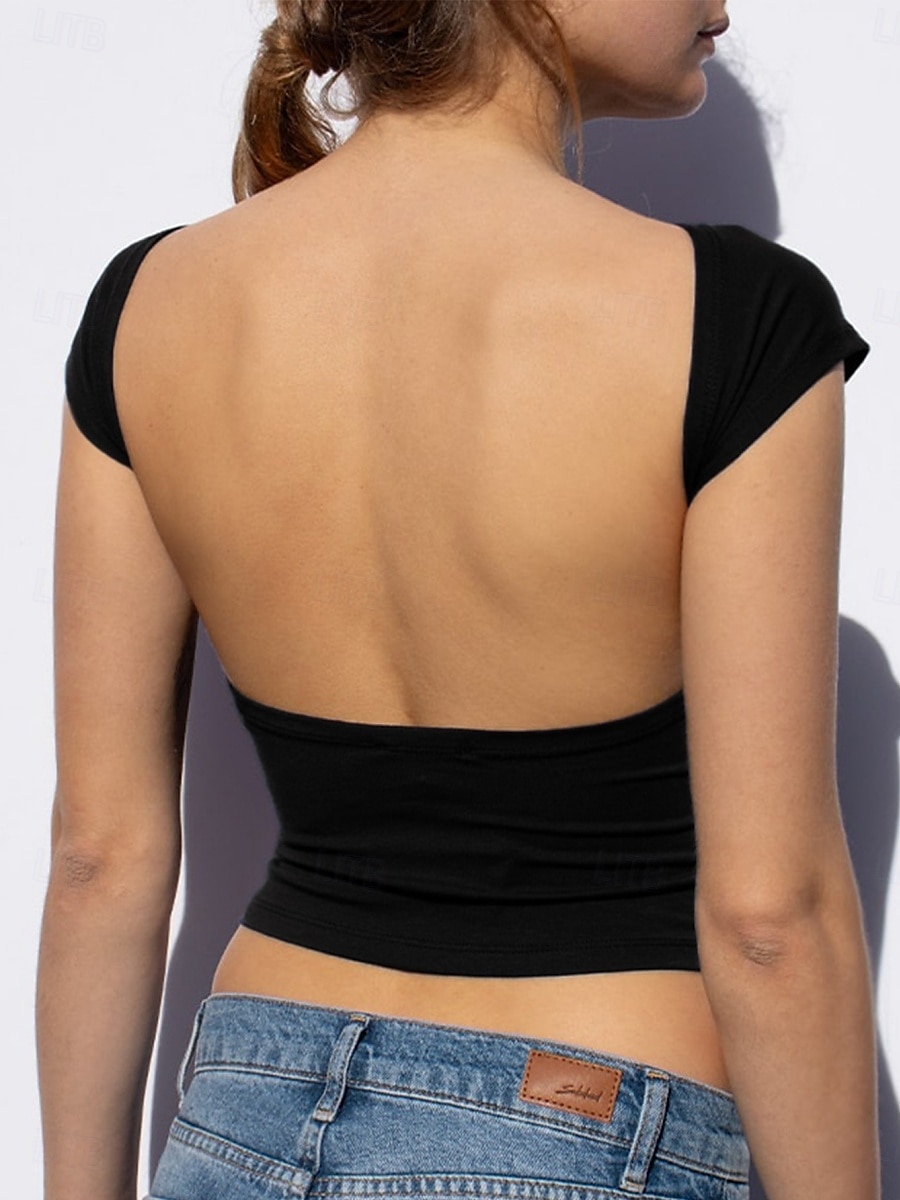 Női camisole trikó egyszínű sima szexi hétköznapi rövid ujjú kerek nyakú normál felsők ünnephez kimenéshez hát nélkül fekete fehér borvörös tengerészkék nyár 2025 - $14.99 –P20