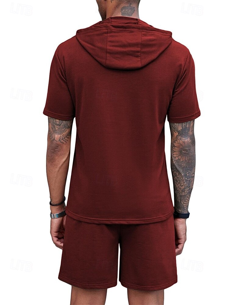 Bărbați Trening Tricou și pantaloni scurți Set de ținute Hanorac cu gluga În aer liber Zilnic Sport Buzunar Cordon Simplu Roșu Vin Negru Alb Poliester Îmbrăcăminte de Sport  Șic Stradă Ușor Vară 2025 - $30.99 -P13