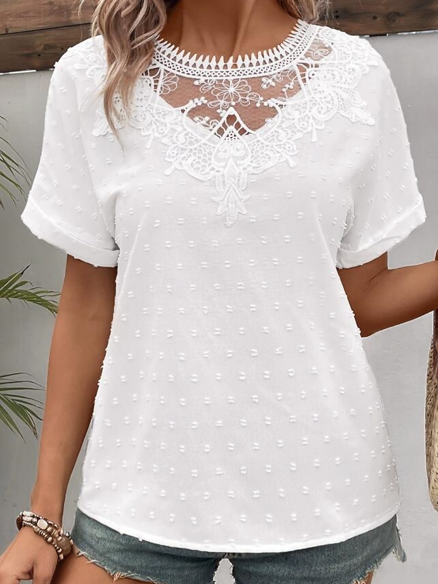 T-shirt femme couleur unie plain mode moderne décontractée manches courtes col rond hauts réguliers quotidien week-end dentelle patchwork blanc été de 2025 ? $19.99 –P5
