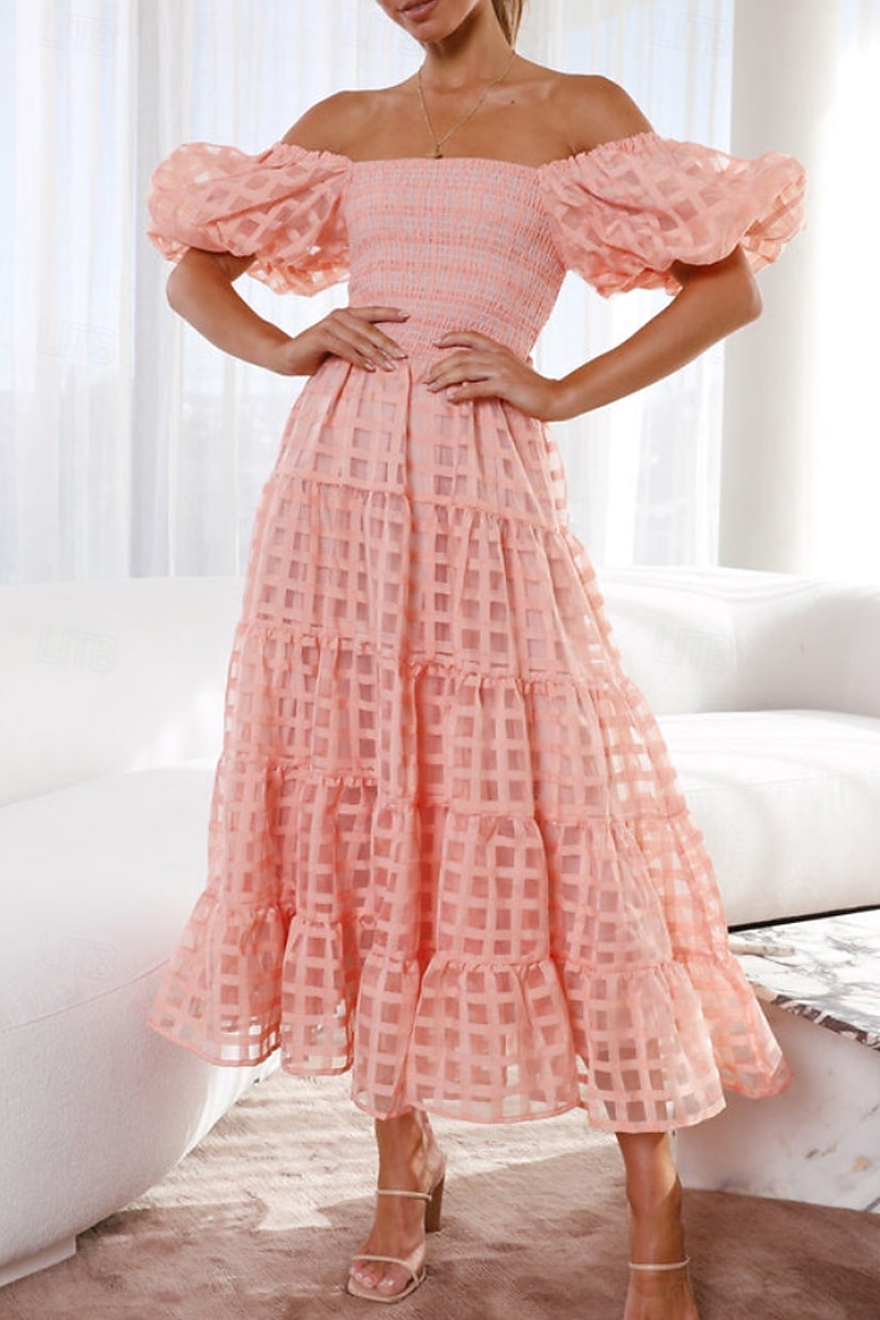 Women's Midi Dress Graduation Dress Fashion Modern Lantern Sleeve Vacation Graduation Weekend Regular Fit Plain Short Sleeve Off Shoulder Black White Yellow Pink Summer 2025 - $27.99 –P7