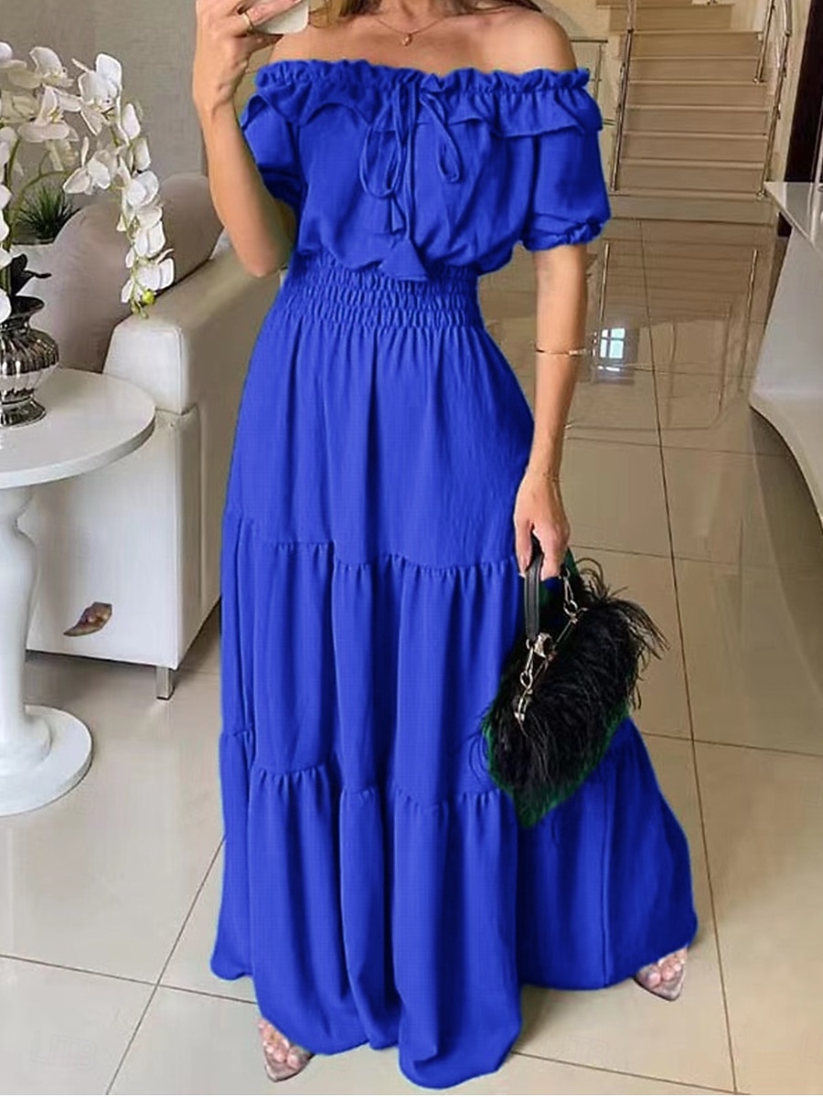 Women's Maxi Dress A Line Dress Milkmaid Dress Off The Shoulder Dress Puff Sleeve Dress Vacation Outdoor Daily Regular Fit Solid Color Short Sleeve Off Shoulder Black Yellow Red 2026 - $32.99 –P5